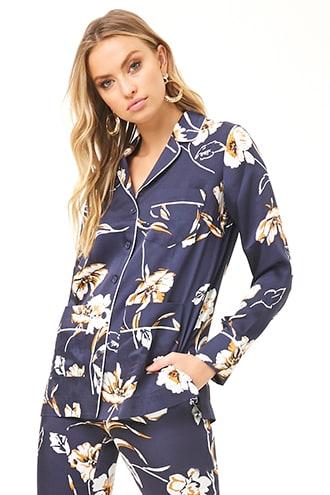 Forever21 Satin Floral Patch Pocket Shirt