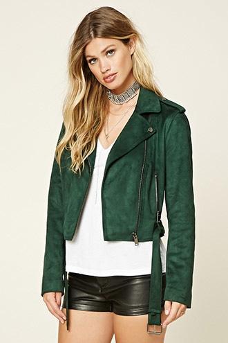 Forever21 Women's  Hunter Green Faux Suede Moto Jacket