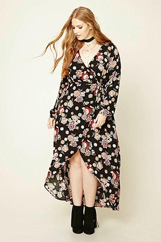 Forever21 Plus Women's  Black & Red Plus Size Floral Wrap Dress
