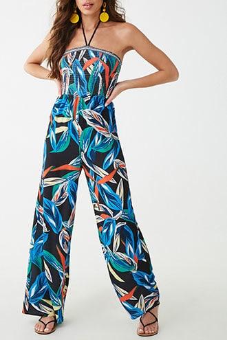 Forever21 Crepe Leaf Print Halter Jumpsuit