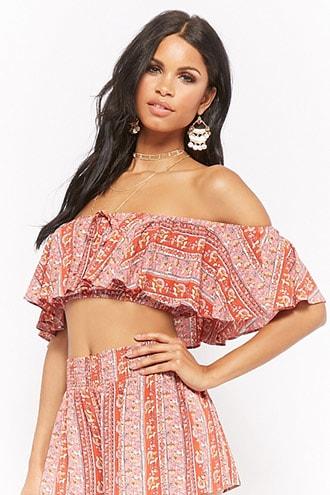 Forever21 Ornate Flounce Off-the-shoulder Crop Top