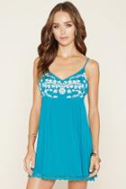 Forever21 Women's  Turquoise & White Embroidered Cami Dress