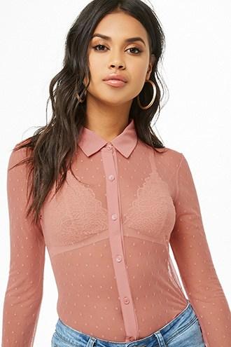 Forever21 Sheer Mesh Clip Dot Shirt