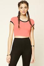 Forever21 Women's  Neon Coral Marled Knit Ringer Crop Top