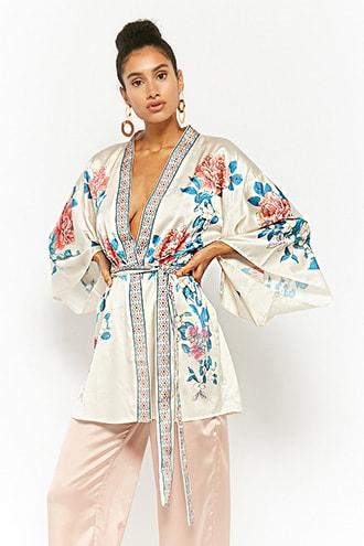 Forever21 Satin Floral Self-tie Kimono