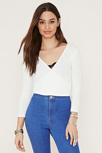 Forever21 Women's  White Surplice Crop Top