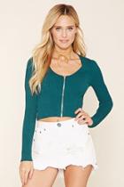 Forever21 Women's  Teal Zippered Sweater-knit Crop Top