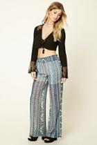 Forever21 Women's  Blue Ornate Smocked-waist Pants