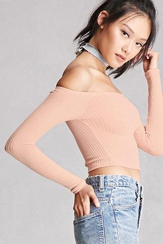 Forever21 Women's  Dusty Pink Off-the-shoulder Crop Top