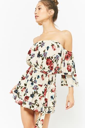 Forever21 Floral Smocked Off-the-shoulder Romper
