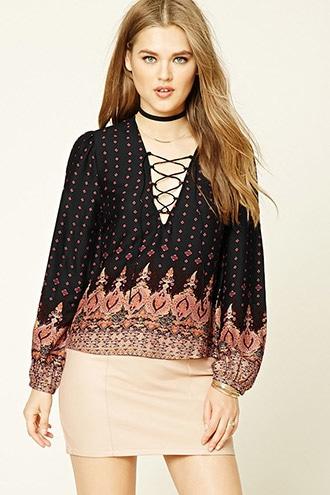 Forever21 Women's  Lace-up Damask Print Top