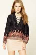 Forever21 Women's  Lace-up Damask Print Top