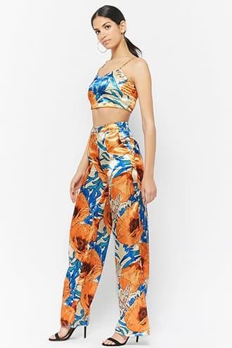 Forever21 Satin Floral Crop Top & Pants Set