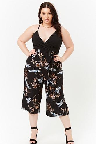 Forever21 Plus Size Surplice Floral & Crane Print Contrast Jumpsuit