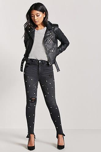 Forever21 Faux Pearl Step Hem Jeans