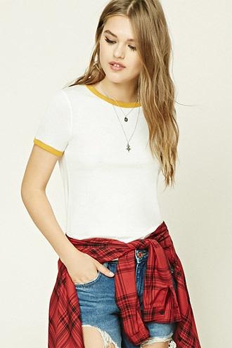 Forever21 Women's  Ivory & Mustard Classic Ringer Tee