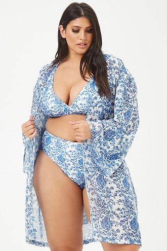Forever21 Plus Size Kulani Kinis Floral Swim Cover-up Kimono