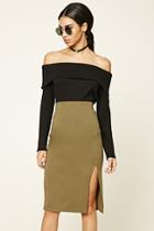 Forever21 Women's  Olive Off-center Slit Pencil Skirt