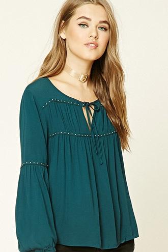Forever21 Women's  Hunter Green Studded Split Neck Top