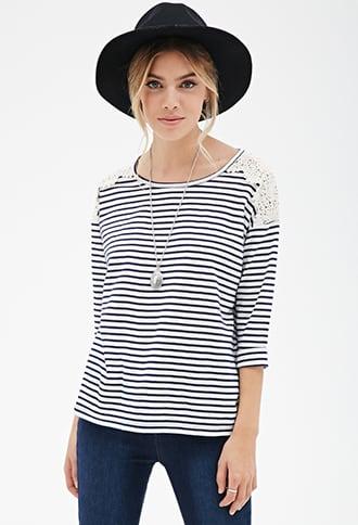 Forever21 Striped Lace-paneled Top