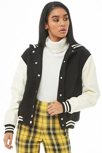 Forever21 Hooded Faux Leather-sleeve Varsity Jacket