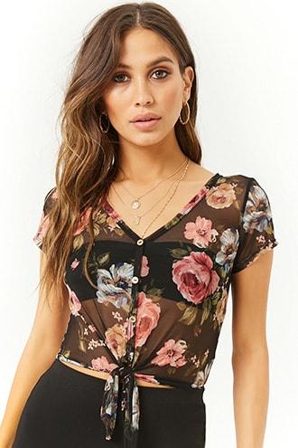 Forever21 Sheer Mesh Floral Tie-hem Top