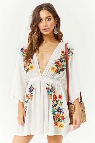 Forever21 Plunging Floral Embroidered Gauze Dress