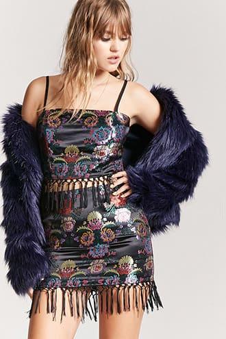 Forever21 Embroidered Satin Fringe Skirt