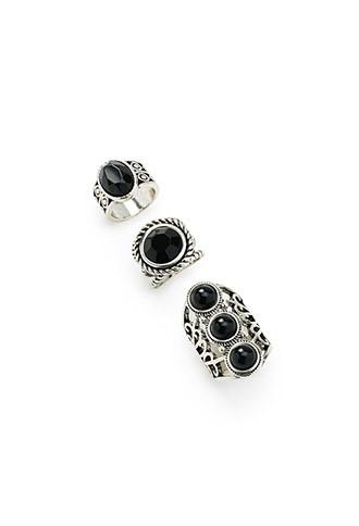 Forever21 Faux Stone Cutout Ring Set (silver/black)