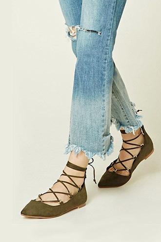 Forever21 Women's  Olive Faux Suede Lace-up Flats