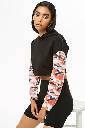 Forever21 Camo-sleeve Hooded Crop Top