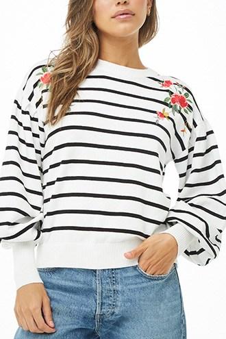 Forever21 Striped Floral Embroidered Sweater