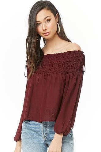 Forever21 Sheer Chiffon Smocked Off-the-shoulder Top