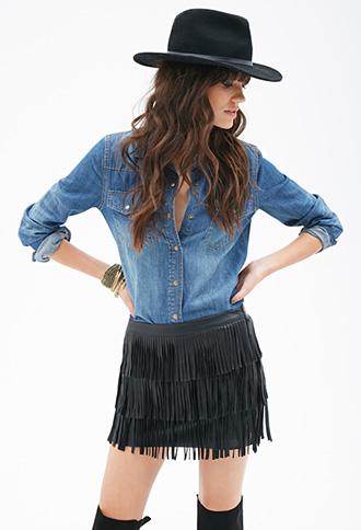 Forever21 Faux Leather Fringe Skirt Black Small