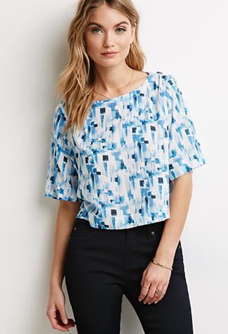 Love 21 Watercolor Abstract Print Blouse White/blue X-small