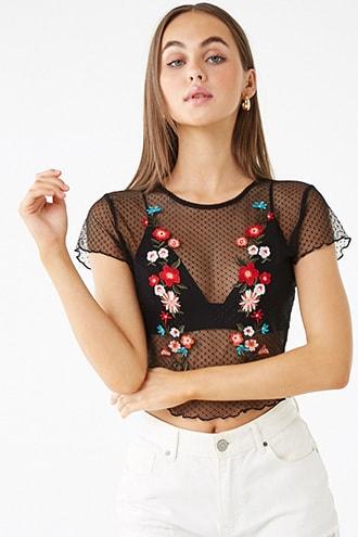 Forever21 Sheer Floral Embroidered Pindot Top