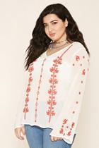 Forever21 Plus Women's  White & Red Plus Size Embroidered Top