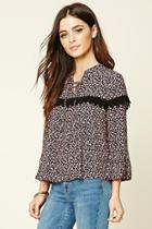 Forever21 Women's  Black & Rose Floral Print Lace-up Top
