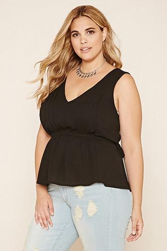 Forever21 Plus Women's  Black Plus Size Pleated Peplum Top
