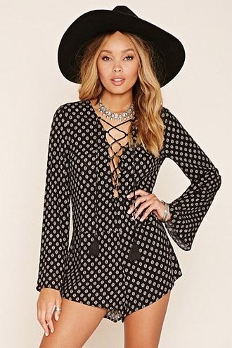 Forever21 Women's Black & White Ornate Print Romper