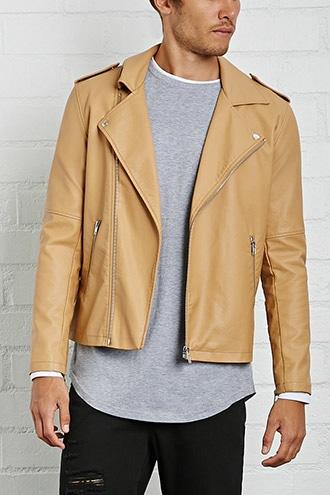21 Men Men's  Taupe Faux Leather Moto Jacket