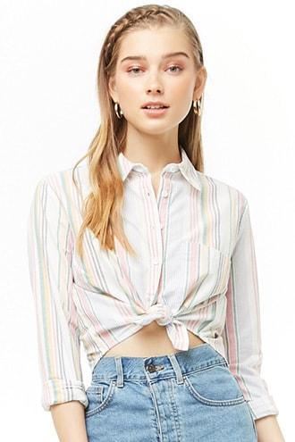 Forever21 Multicolor Striped Curved-hem Shirt