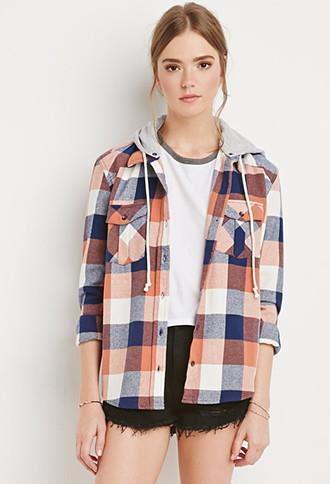 Forever21 Women's  Hooded Plaid Flannel (cream/rust)
