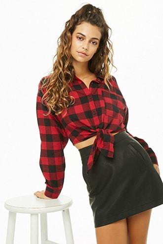 Forever21 Tie-front Checkered Cropped Shirt