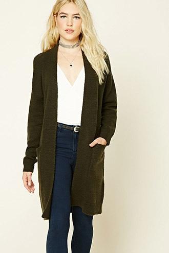 Forever21 Women's  Olive Wool-blend Longline Cardigan