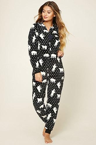 Forever21 Women's  Fleece Polar Bear Pj Jumpsuit