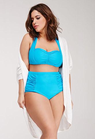 Forever21 Plus Women's Neon Blue Plus Size Ruched High-waisted Bikini Bottom
