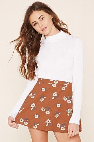Forever21 Women's  Rust & Cream Floral Denim Mini Skirt