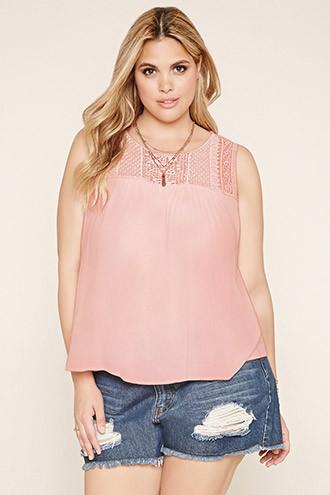 Forever21 Plus Women's  Light Pink Plus Size Crochet-yoke Top