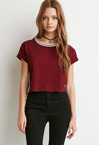 Forever21 Women's  Striped Crew Neck Tee (burgundy/white)
